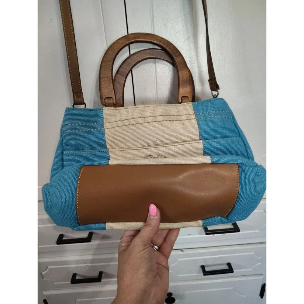 Relic Turquoise an White  Lined Woven Handbag Zippered Purse Pockets Wood Handle